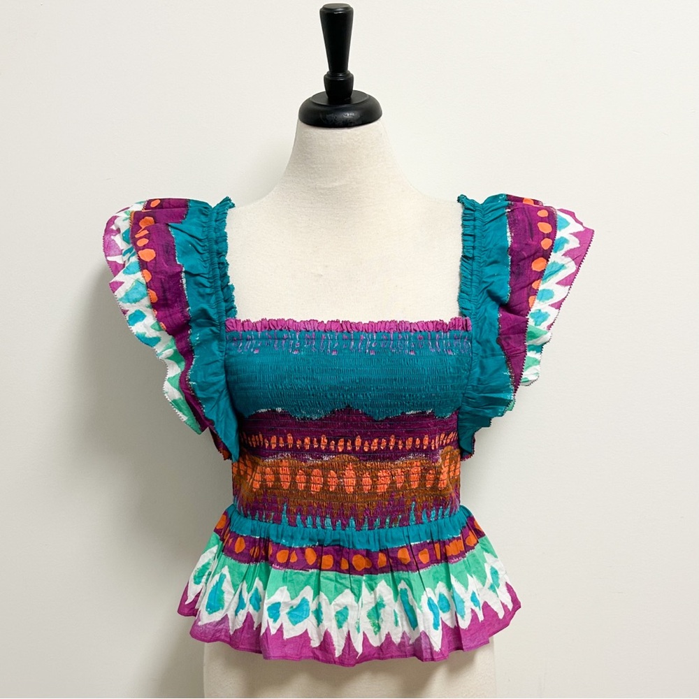 Smocked Square-Neck Peplum Blouse in Teal & Purple